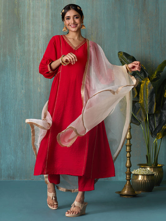 Likha Red Tyohar Viscose Chanderi Embroidered Kurta Pant & Dupatta LIKSKD273 (Set of 3)