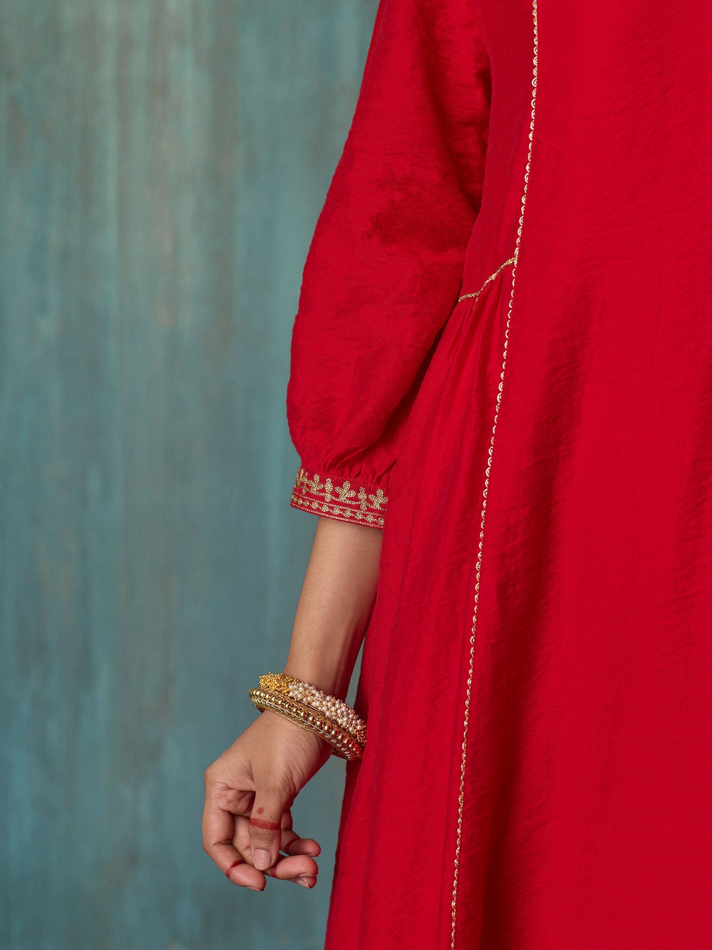 Likha Red Tyohar Viscose Chanderi Embroidered Kurta Pant & Dupatta LIKSKD273 (Set of 3)