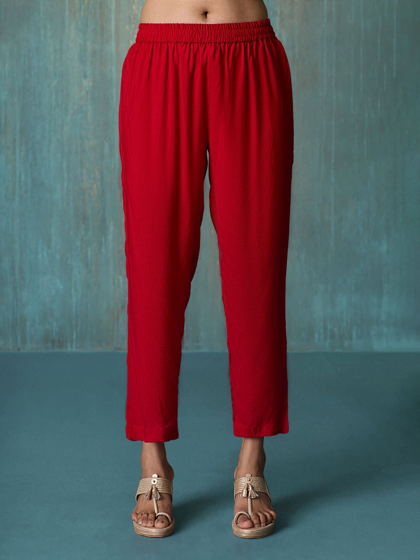 Likha Red Tyohar Viscose Chanderi Embroidered Kurta Pant & Dupatta LIKSKD273 (Set of 3)