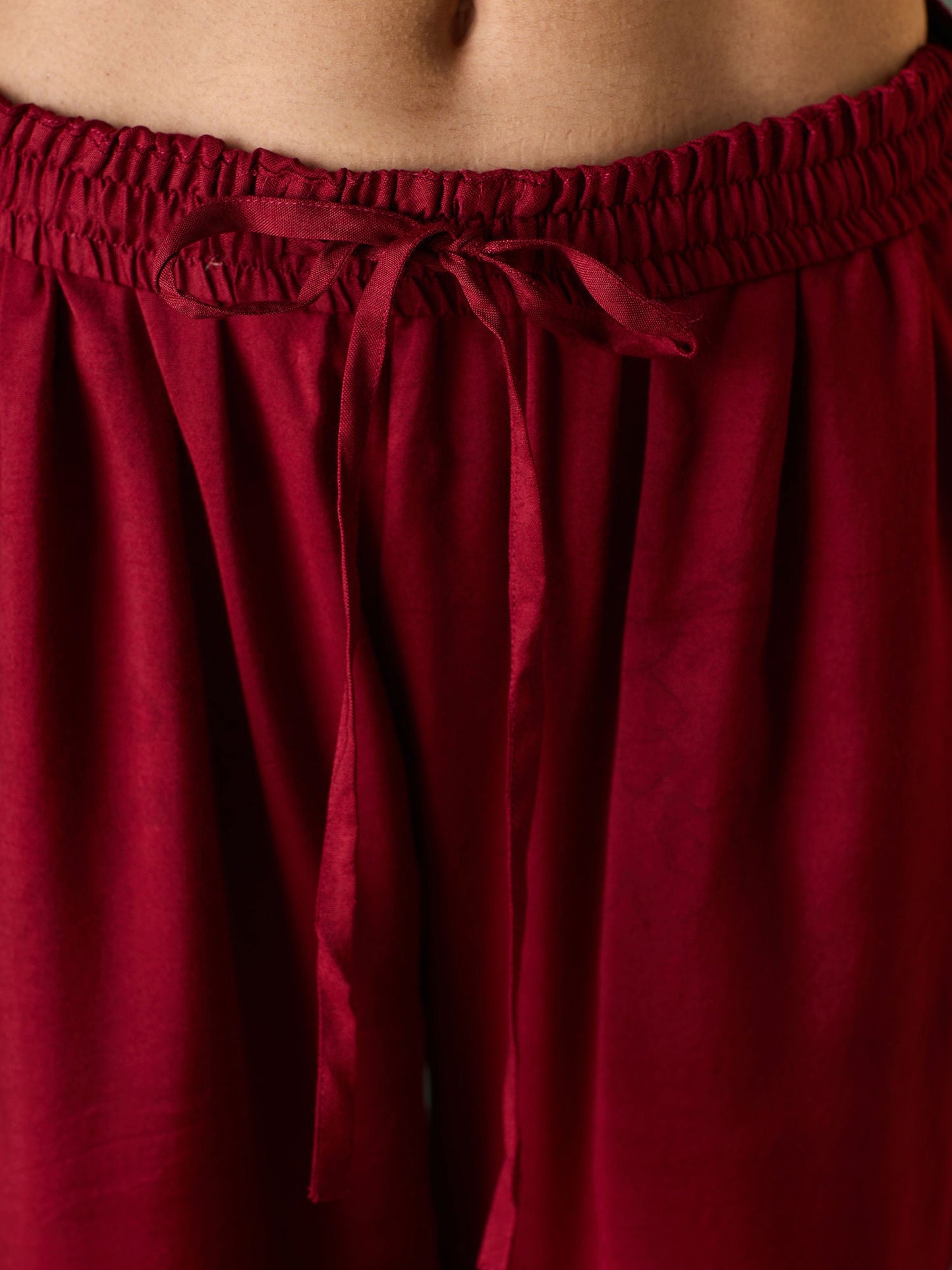 Likha Maroon Tyohar Chanderi Foil Printed Kurta Pant & Dupatta LIKSKD293 (Set of 3)