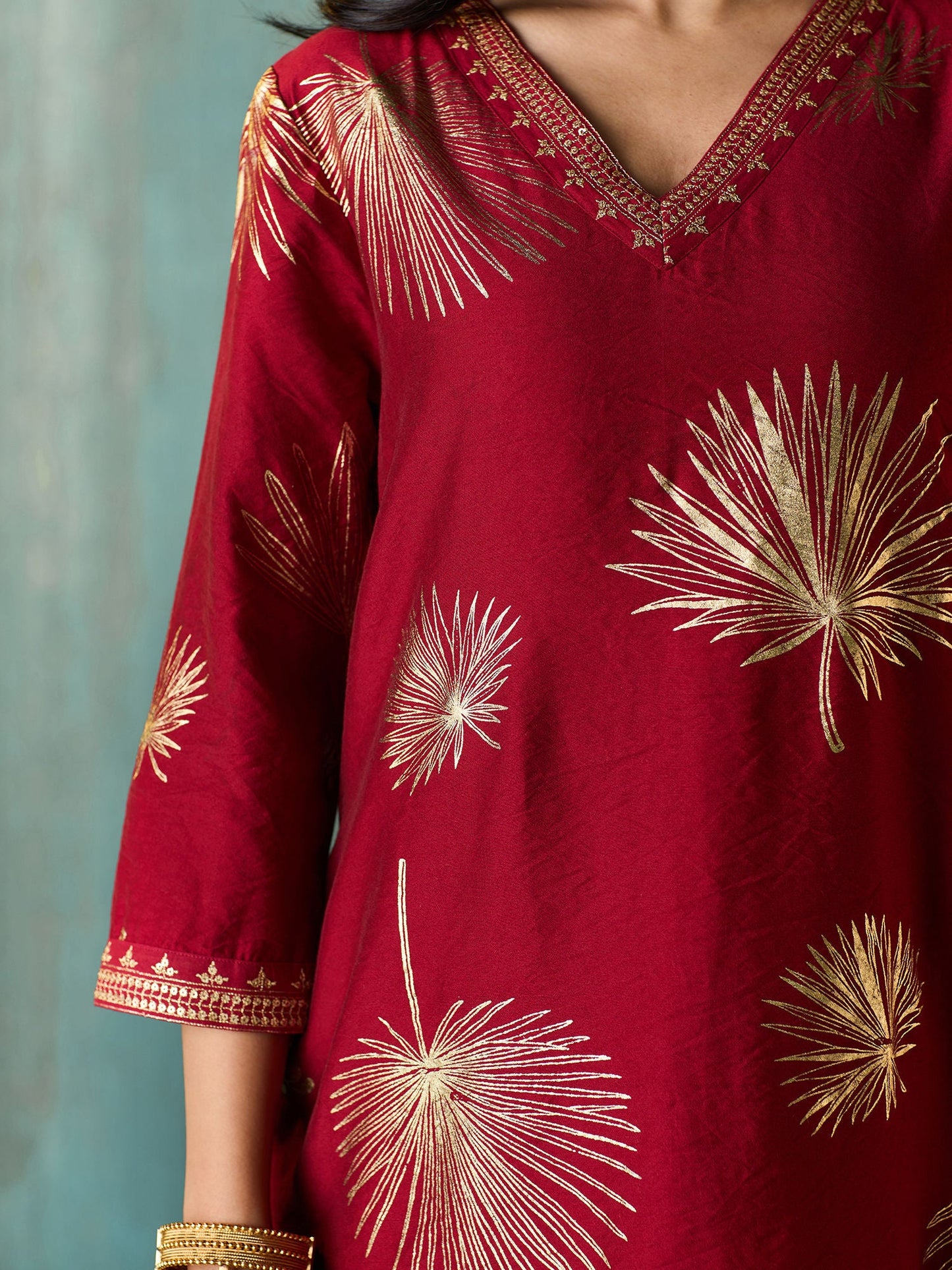 Likha Maroon Tyohar Chanderi Foil Printed Kurta Pant & Dupatta LIKSKD293 (Set of 3)