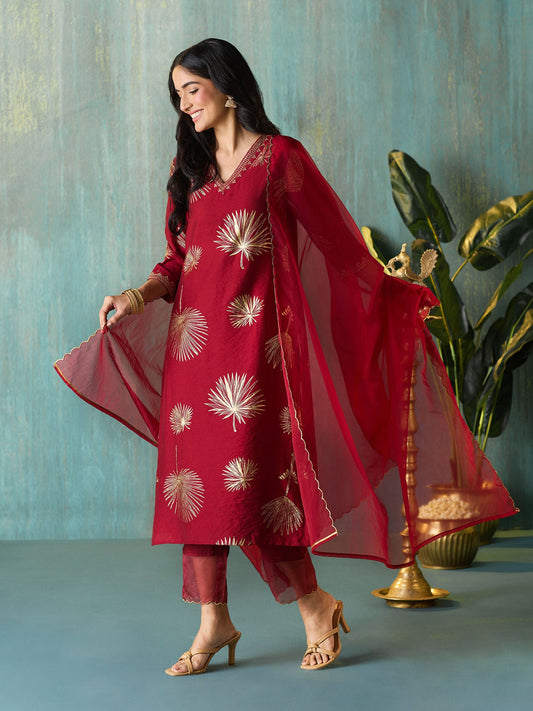 Likha Maroon Tyohar Chanderi Foil Printed Kurta Pant & Dupatta LIKSKD293 (Set of 3)