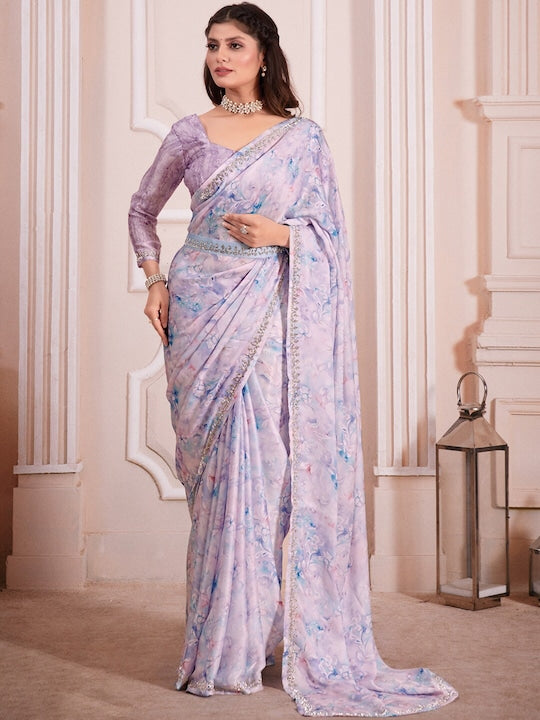 Saree mall Floral Printed Beads & Stones Satin Belted Saree