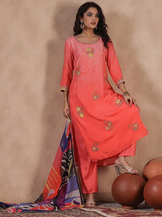 Scakhi Floral Embroidered Gotta Patti Kurta With Trousers & Dupatta