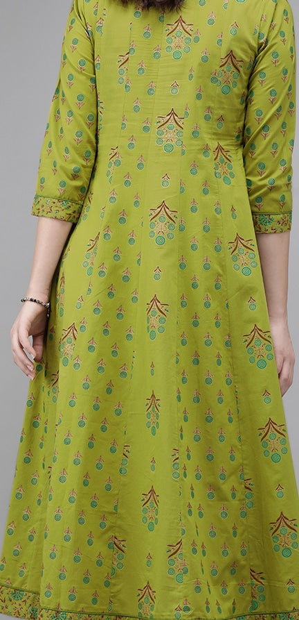Yufta Women Green & Brown Printed A-Line Panelled Kurta