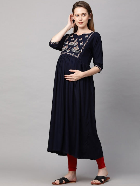 MomToBe Woman Navy Blue Yoke Design Maternity Nursing Kurta