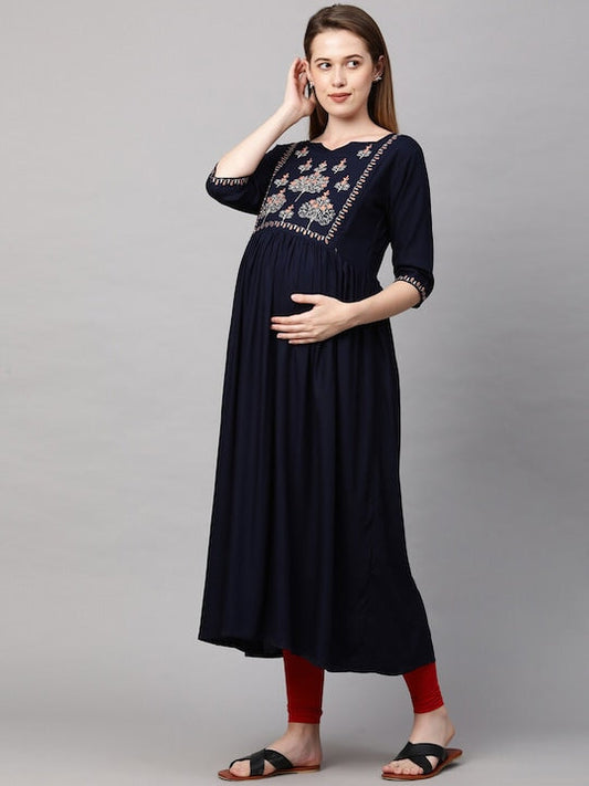 MomToBe Woman Navy Blue Yoke Design Maternity Nursing Kurta