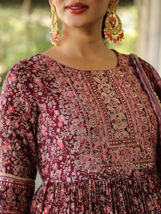 Scakhi Floral Printed Pleated Mirror Work Chanderi Silk Kurta With Trousers & Dupatta