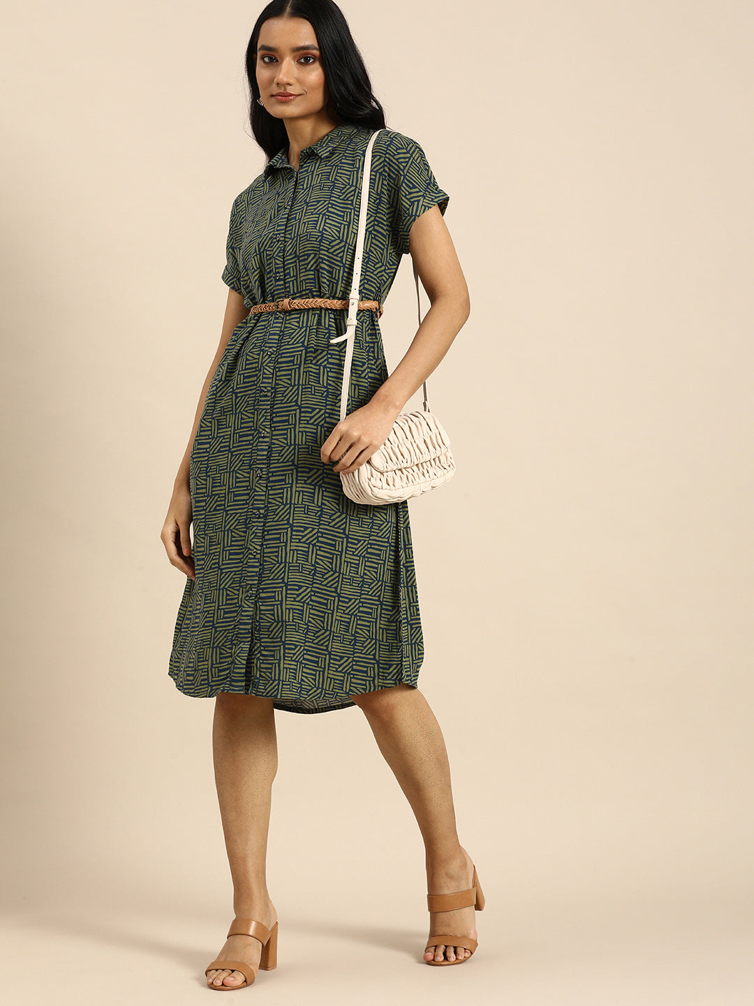 All about you Green Shirt Dress with Belt