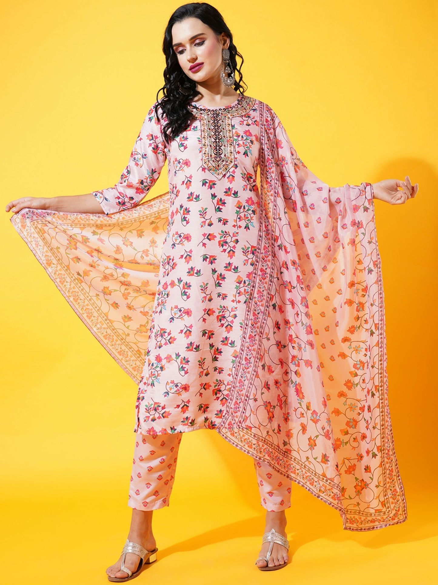 Heeposh Women Floral Printed Kurta with Dupatta Pink(Set of 3)