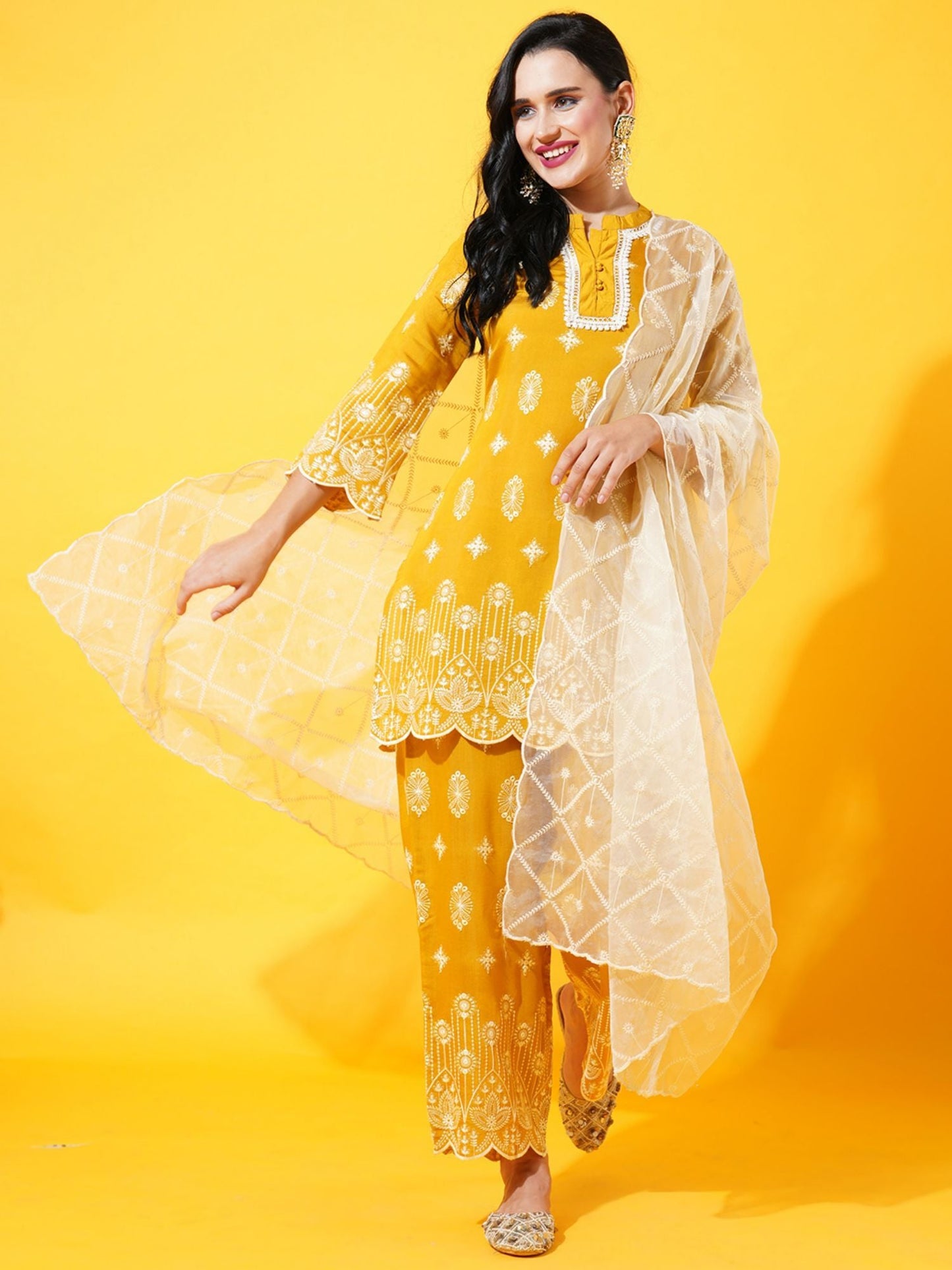 Heeposh Women Mustard Ethnic Motifs Embroidered Thread Work Kurta with Dupatta (Set of 3)