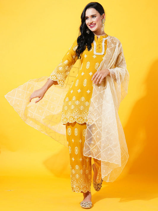 Heeposh Women Mustard Ethnic Motifs Embroidered Thread Work Kurta with Dupatta (Set of 3)
