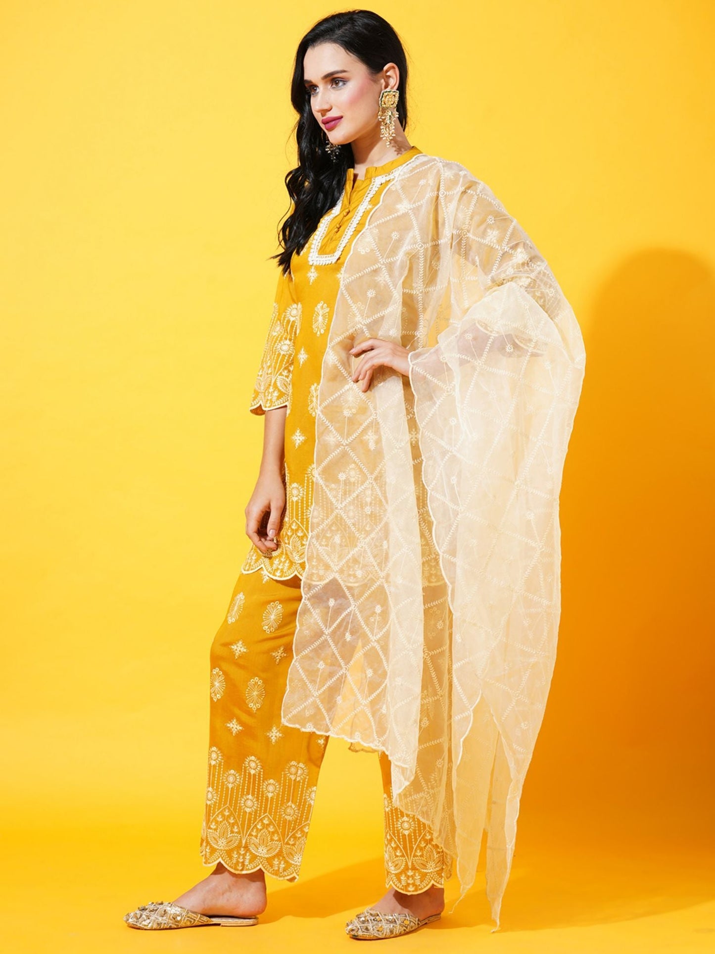 Heeposh Women Mustard Ethnic Motifs Embroidered Thread Work Kurta with Dupatta (Set of 3)