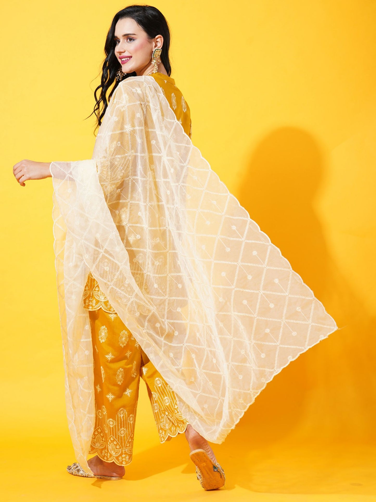 Heeposh Women Mustard Ethnic Motifs Embroidered Thread Work Kurta with Dupatta (Set of 3)