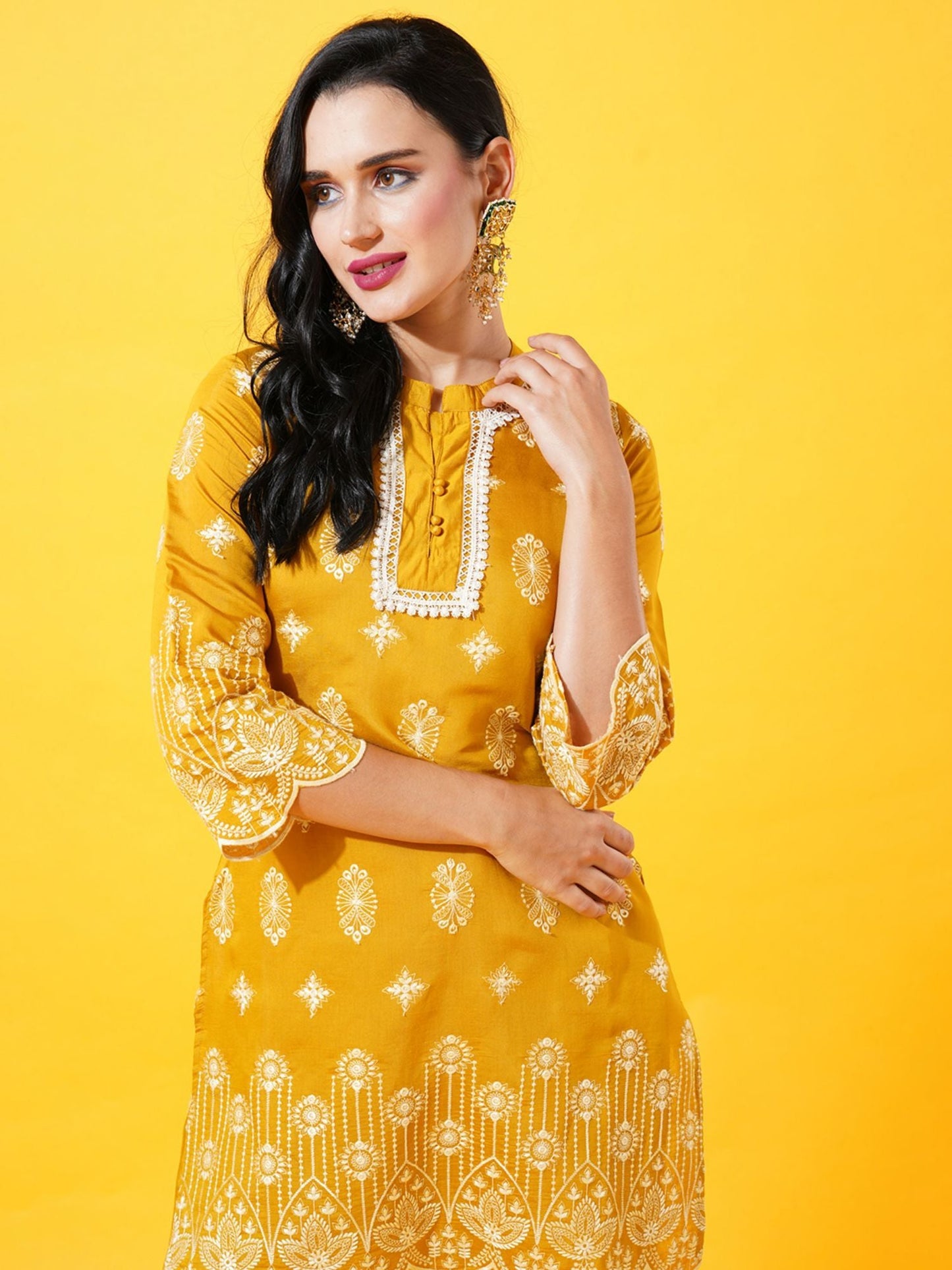 Heeposh Women Mustard Ethnic Motifs Embroidered Thread Work Kurta with Dupatta (Set of 3)