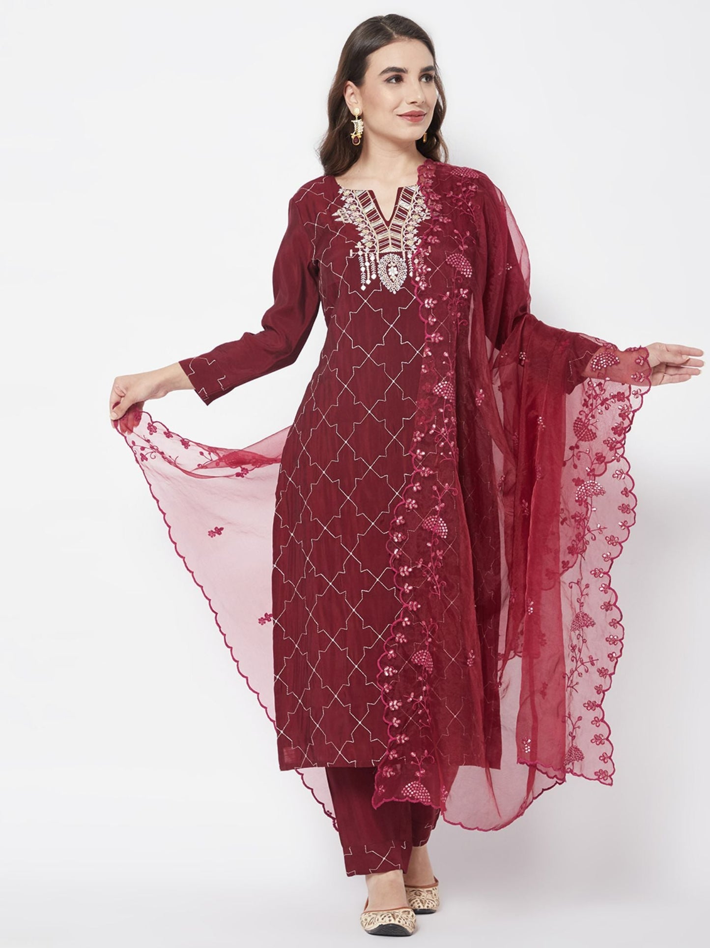 Heeposh Women Red Floral Embroidered Kurta with Dupatta (Set of 3)