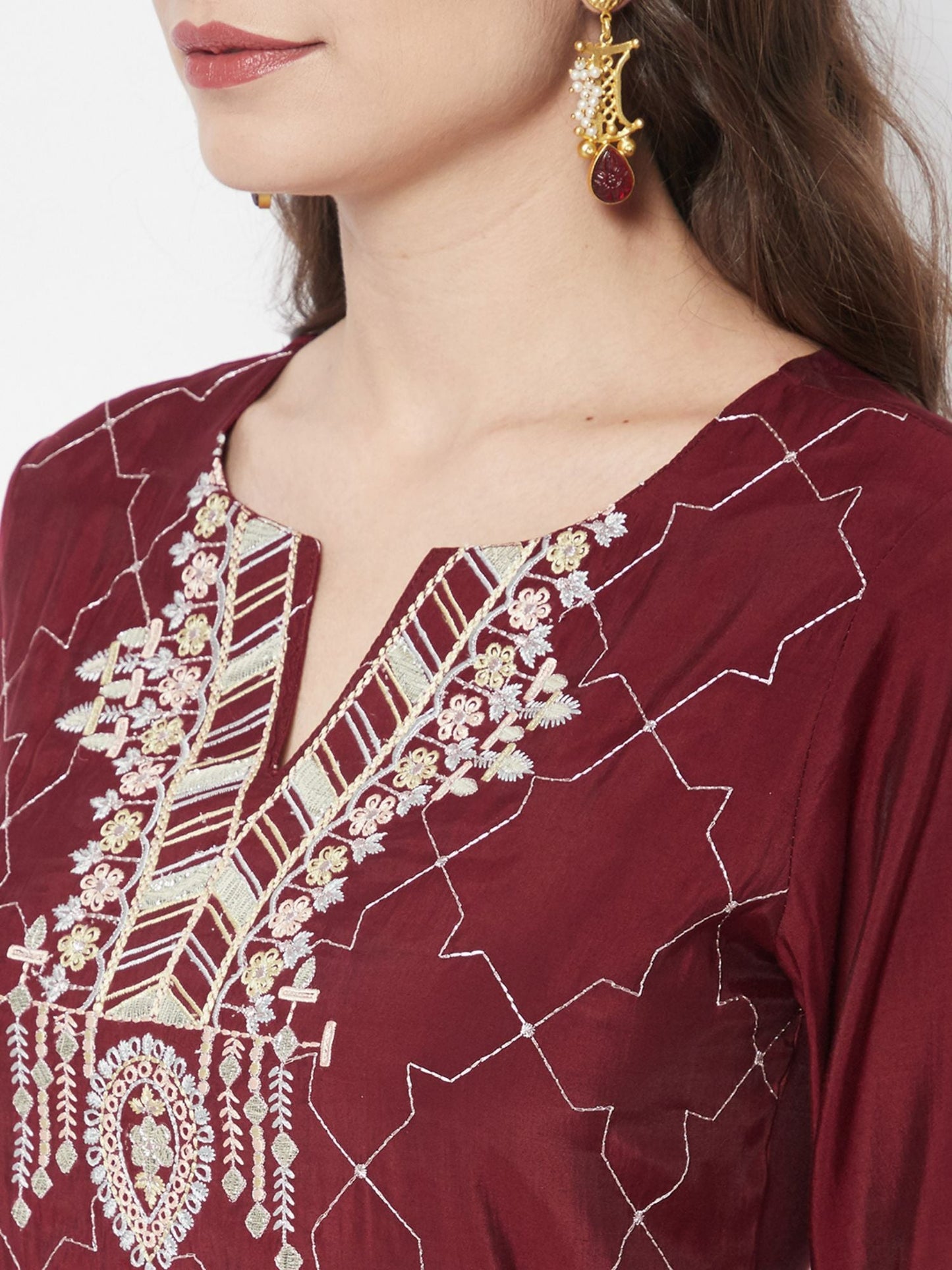 Heeposh Women Red Floral Embroidered Kurta with Dupatta (Set of 3)