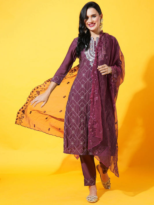 Heeposh Women Purple Floral Embroidered Kurta with Dupatta (Set of 3)