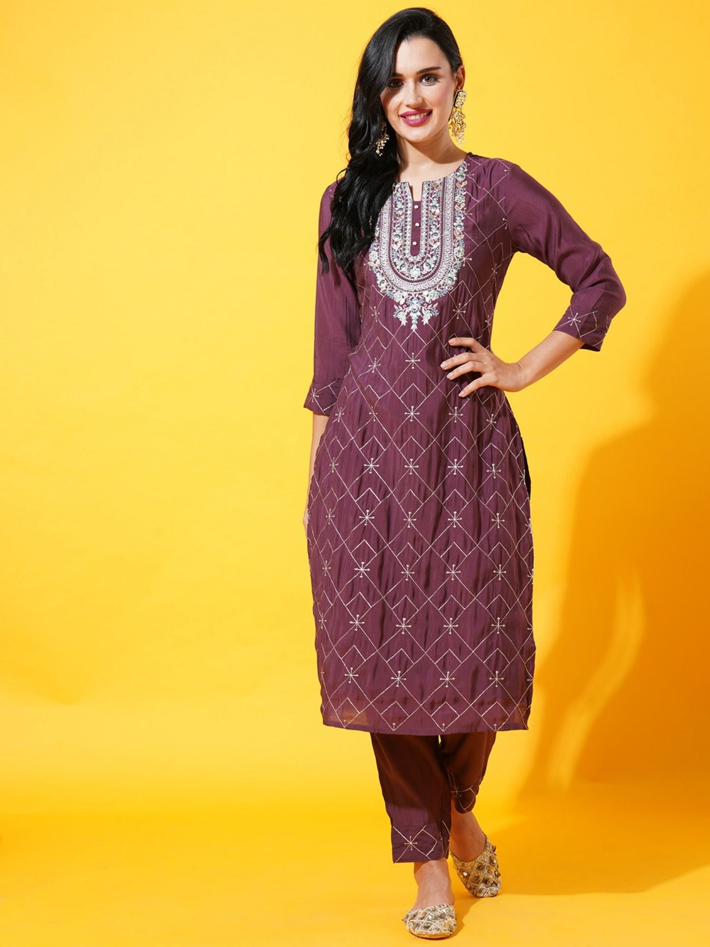 Heeposh Women Purple Floral Embroidered Kurta with Dupatta (Set of 3)