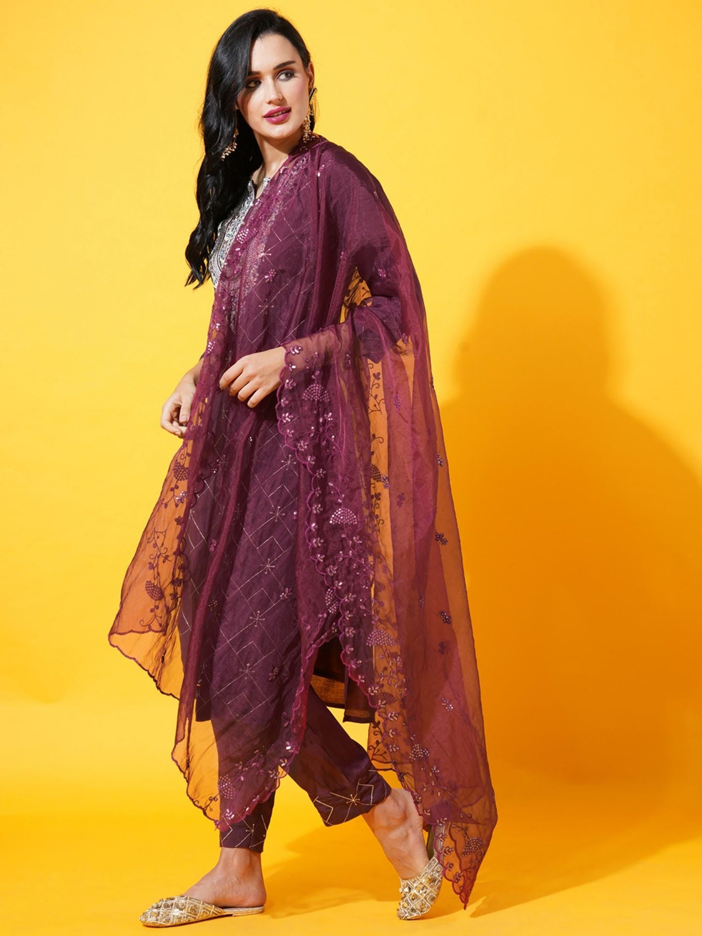 Heeposh Women Purple Floral Embroidered Kurta with Dupatta (Set of 3)