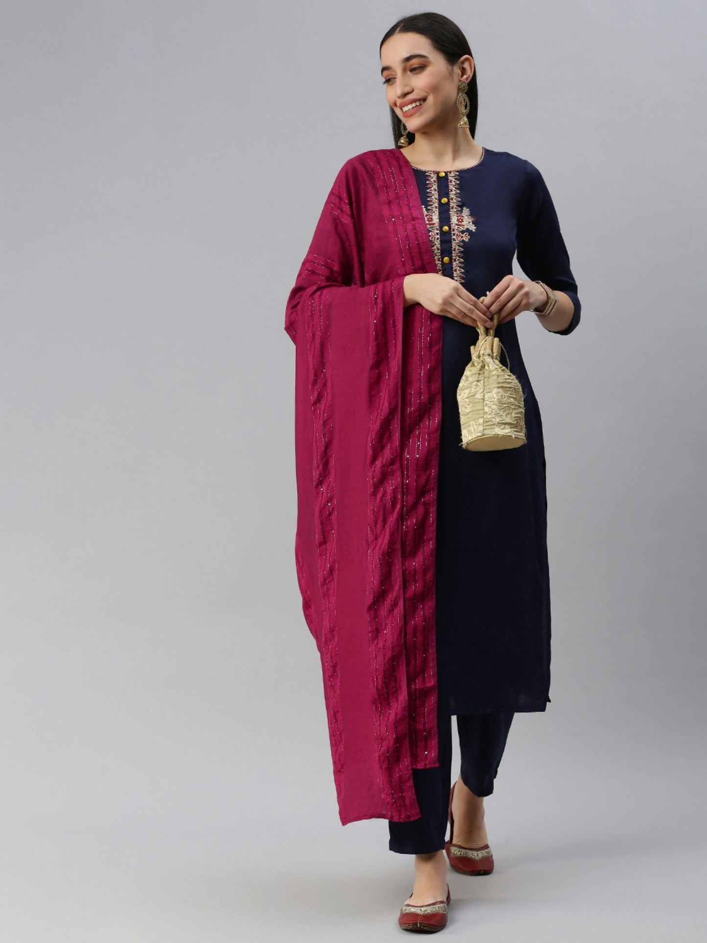 Heeposh Women Navy Blue Floral Yoke Design Cotton Blend Kurta with Dupatta (Set of 3)