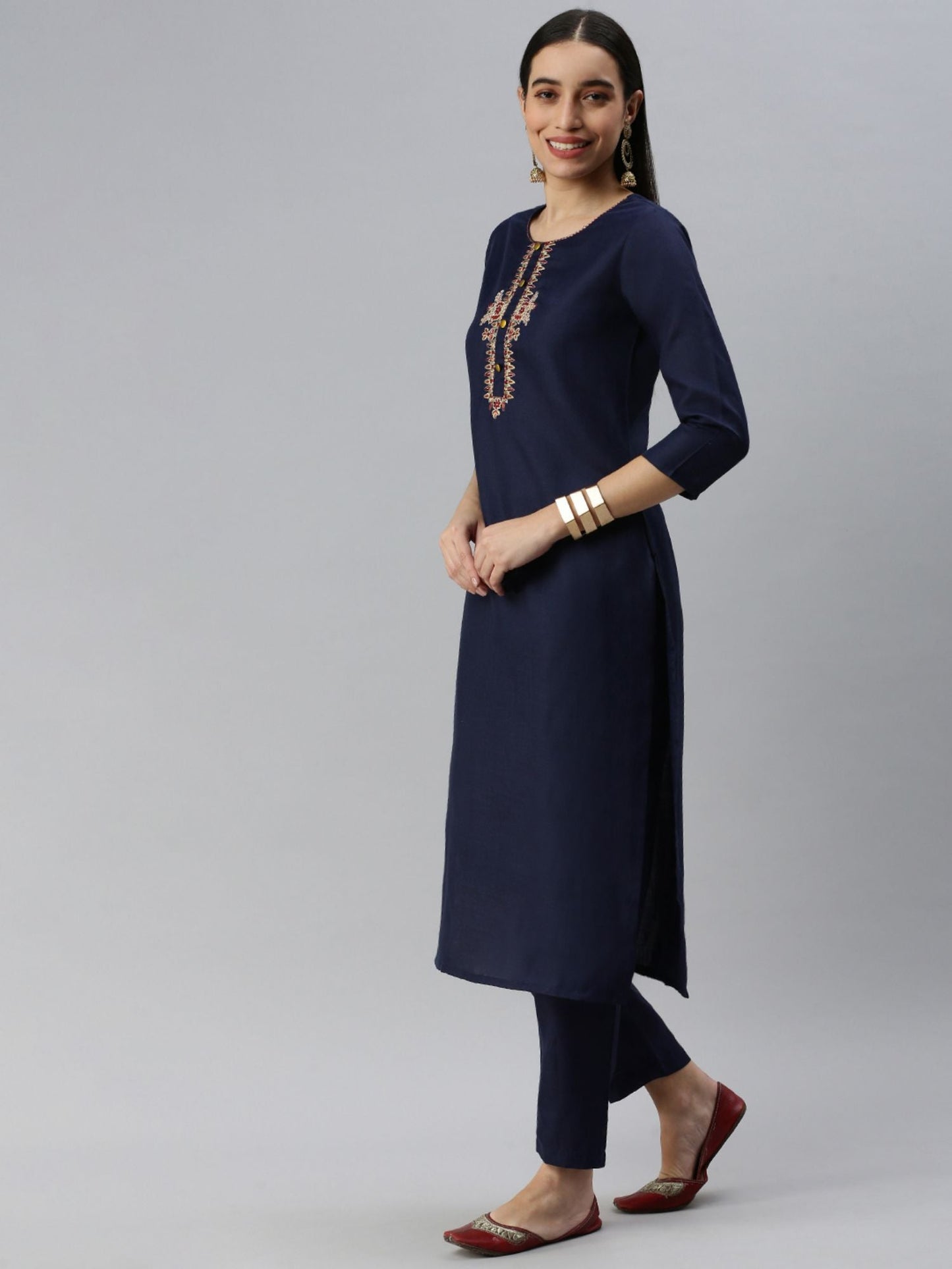 Heeposh Women Navy Blue Floral Yoke Design Cotton Blend Kurta with Dupatta (Set of 3)