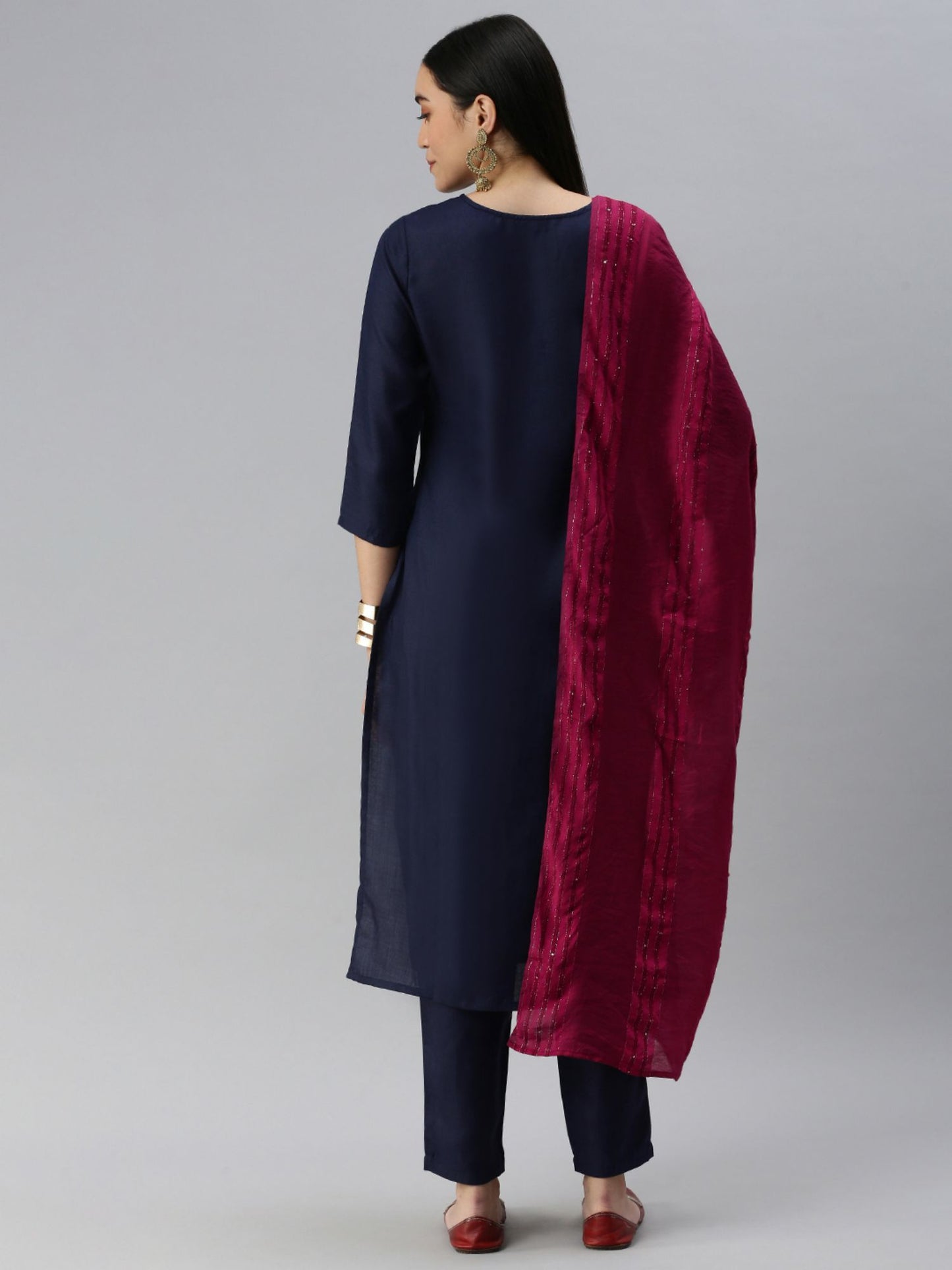 Heeposh Women Navy Blue Floral Yoke Design Cotton Blend Kurta with Dupatta (Set of 3)