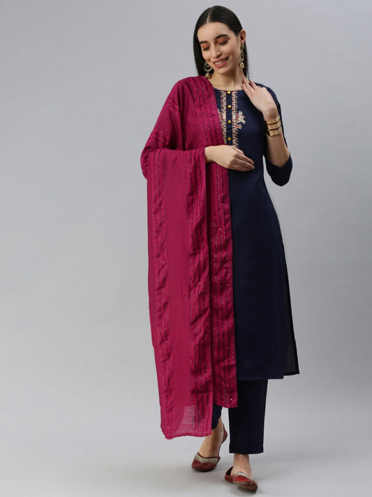 Heeposh Women Navy Blue Floral Yoke Design Cotton Blend Kurta with Dupatta (Set of 3)