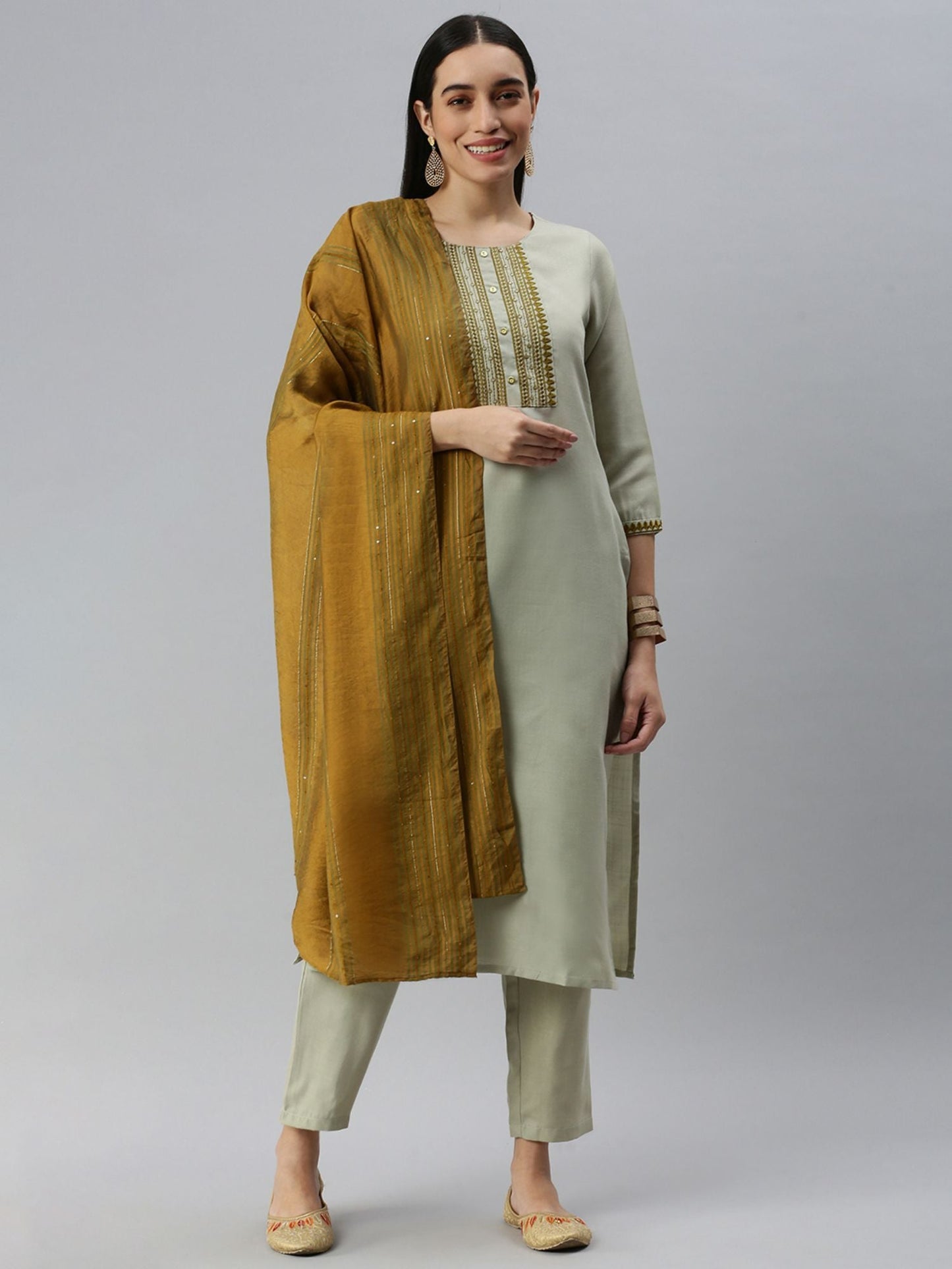 Heeposh Women Green Ethnic Motifs Yoke Design Cotton Blend Kurta with Dupatta (Set of 3)