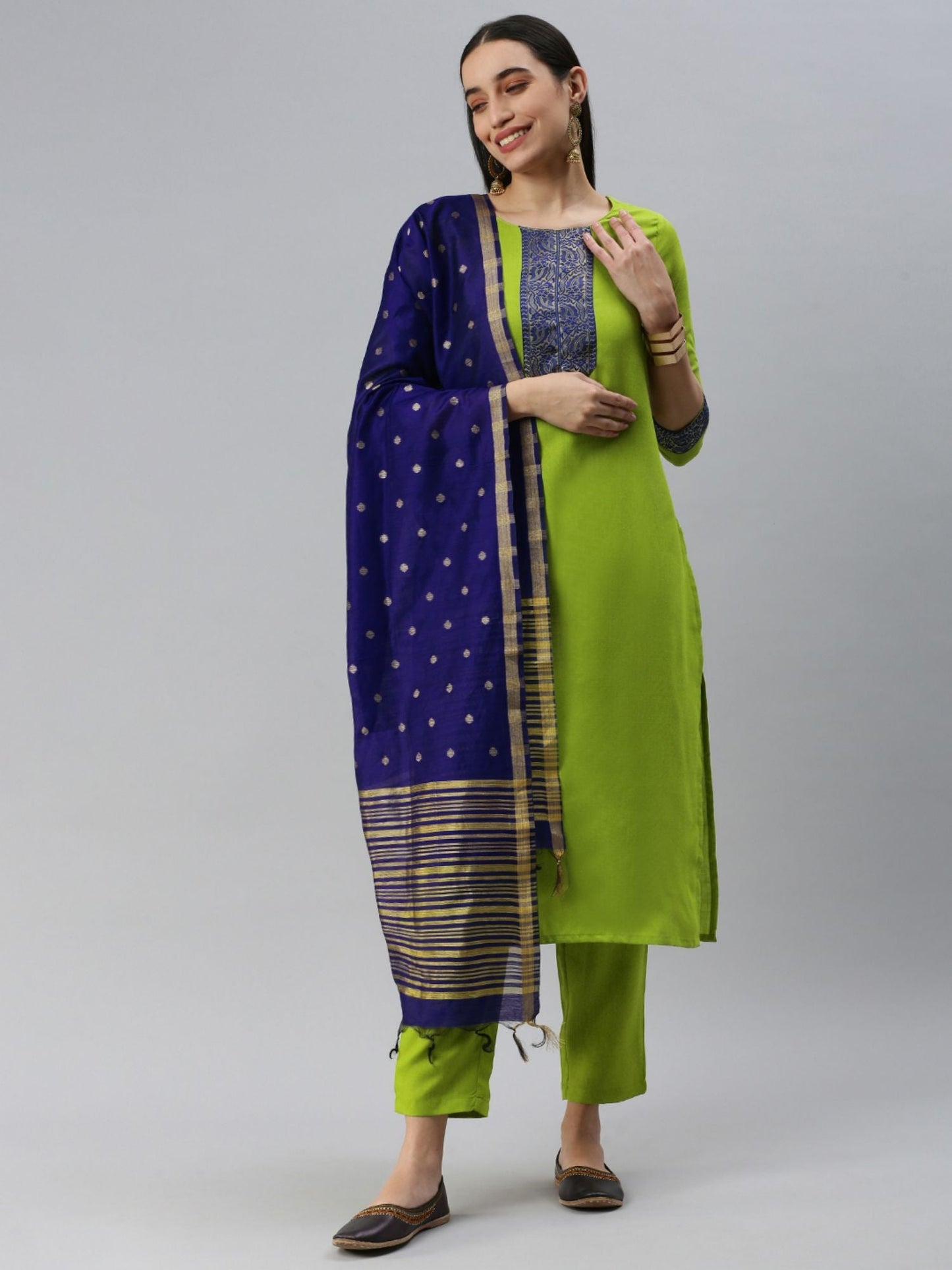 Heeposh Women Green Paisley Jacquard Yoke Design Kurta with Dupatta (Set of 3)