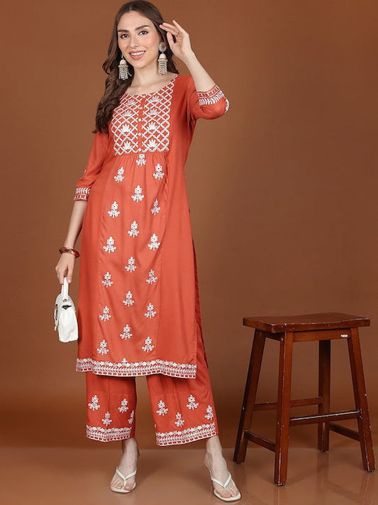 Vishudh Orange Ethnic Motifs Embroidered Regular Kurta With Palazzos - L