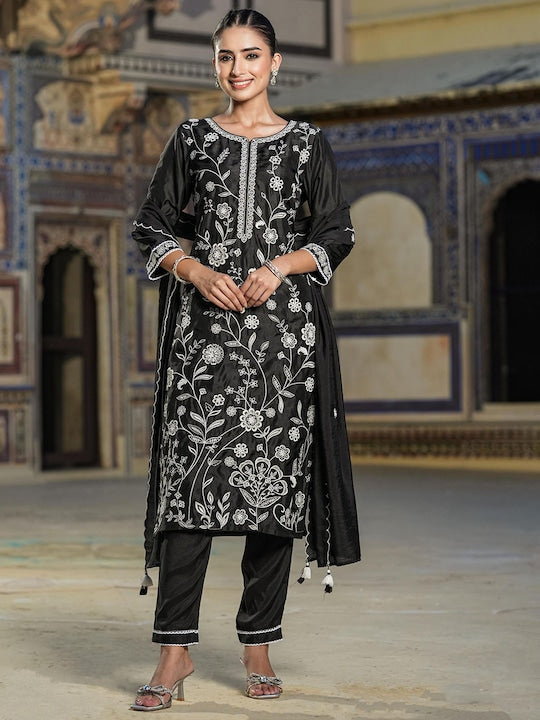 Scakhi Floral Embroidered Chikankari Straight Kurta With Trousers & Dupatta