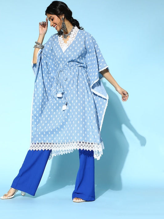 Yufta Stunning Blue Cotton Kaftan Kurta