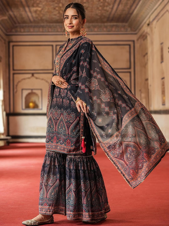 Scakhi Paisley Printed Sequinned Kurti with Sharara & With Dupatta