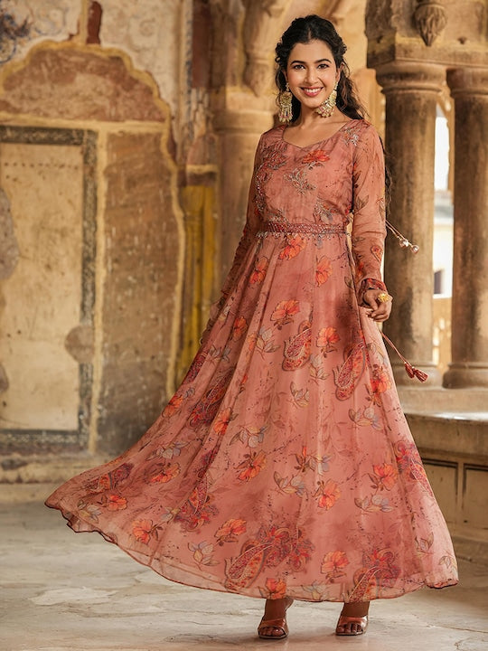 Scakhi Floral Printed Silk Maxi Ethnic Dress With Belt