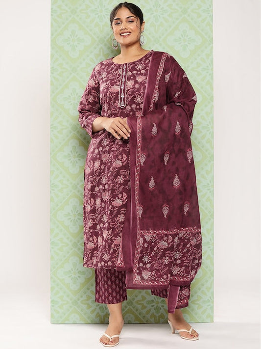 Yufta Plus Size Floral Printed Sequinned Pure Cotton Kurta with Trousers & Dupatta