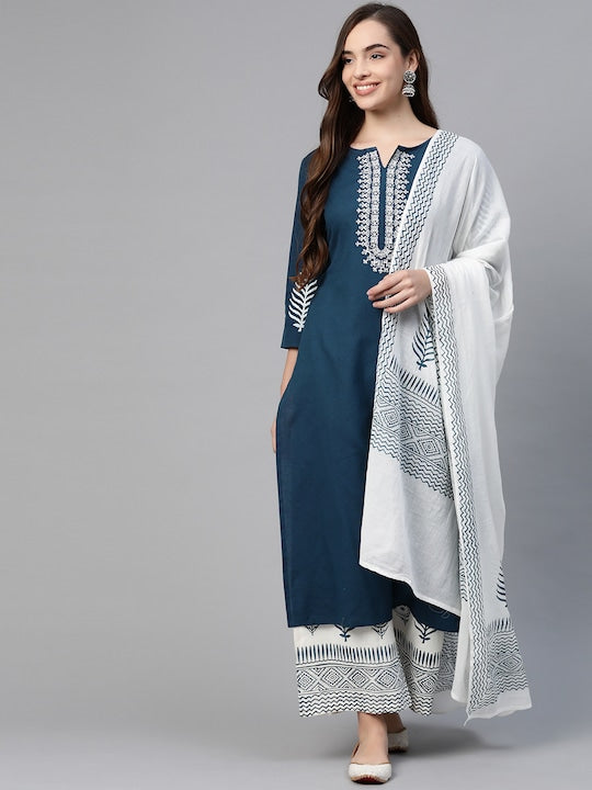 Yufta Women Navy Blue & White Yoke Design Thread Work Cotton Kurta with Palazzos & Dupatta