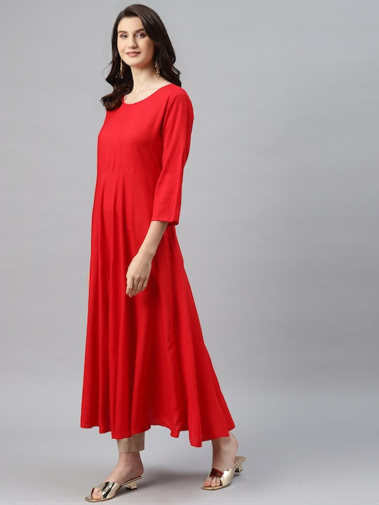 Readiprint Fashions Women Red Solid A-Line Kurta with Embroidered Jacket - L