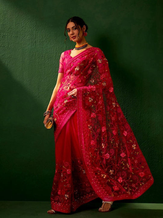 Sangria Embroidered Net Saree