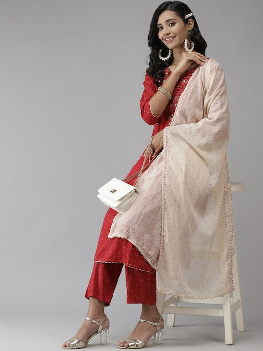 Anubhutee Women Red Ethnic Motifs Printed Regular Kurta with Palazzos & With Dupatta