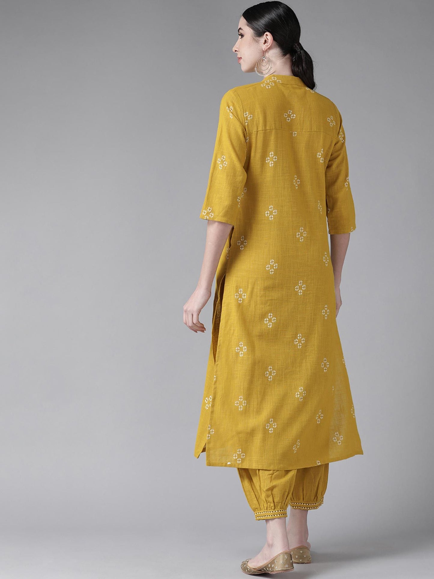 ISHIN Women's Cotton Mustard Yellow Embroidered A-Line Kurta Salwar (Set of 2)