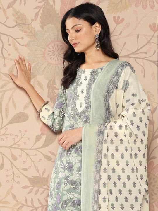 Yufta Women Floral Printed Regular Pure Cotton Kurta with Trousers & With Dupatta -XXL