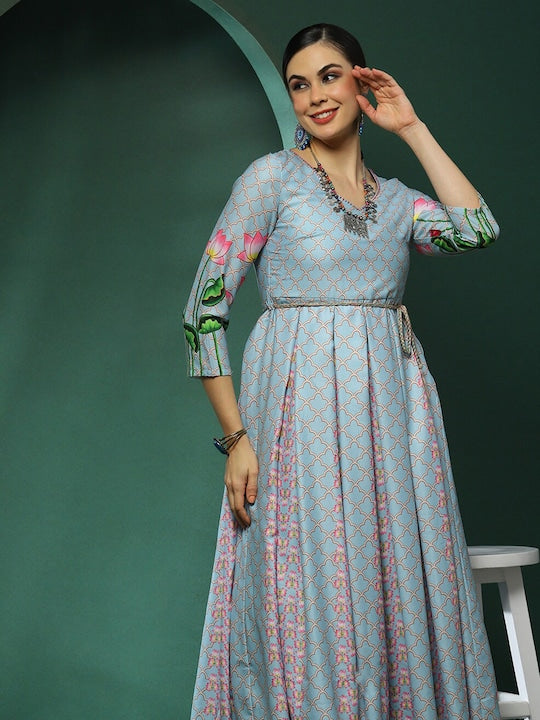 AKS Couture Printed Round Neck Pleated Maxi Dress