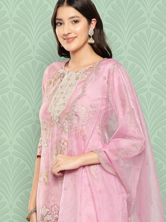 Yufta Women Floral Printed Regular Pure Silk Kurta with Trousers & With Dupatta