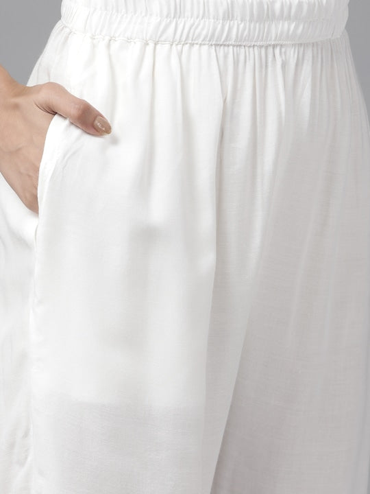 Yufta Women Navy Blue & Mustard Yellow Floral Printed Pure Cotton Kurta with Palazzos White