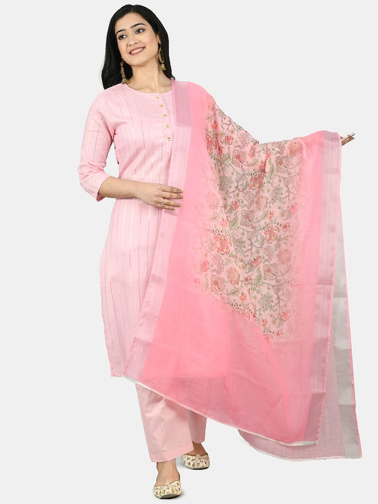 Myshka Women Pink Striped A-Line Pure Cotton Kurta with Trousers & Dupatta