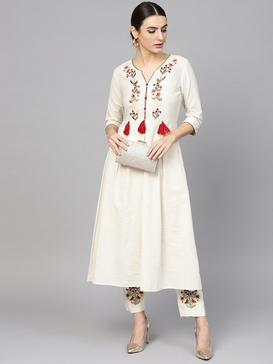 Yufta Women Off-White & Maroon Embroidered Kurta with Trousers