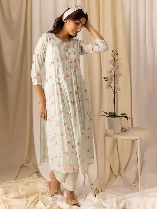 House of Pataudi Turquoise Blue Floral Printed Flared A-Line Kurta With Trouser & Dupatta
