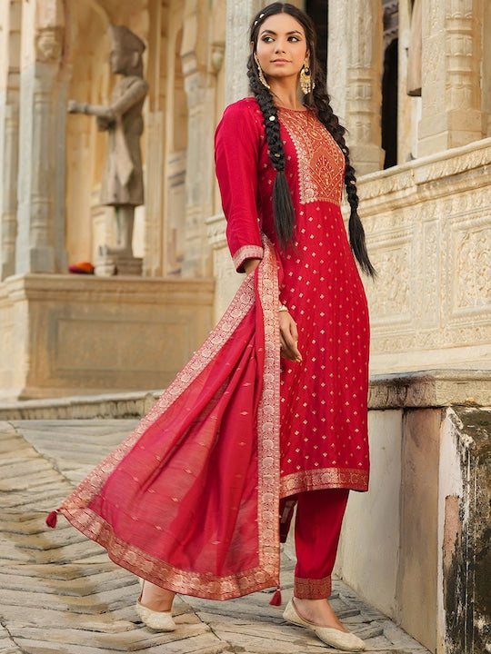 Scakhi Ethnic Motifs Printed Zari Pure Silk Kurta with Trousers & Dupatta