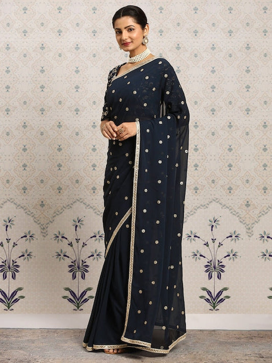 House of Pataudi Embroidered Floral Zari Saree